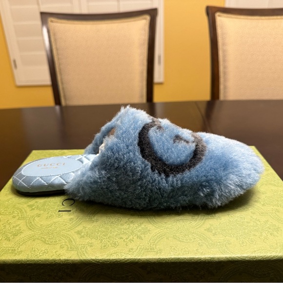 New Gucci GG Faux Fur Slip On Slides Blue Black Size 38 / US 8 - Picture 8 of 15